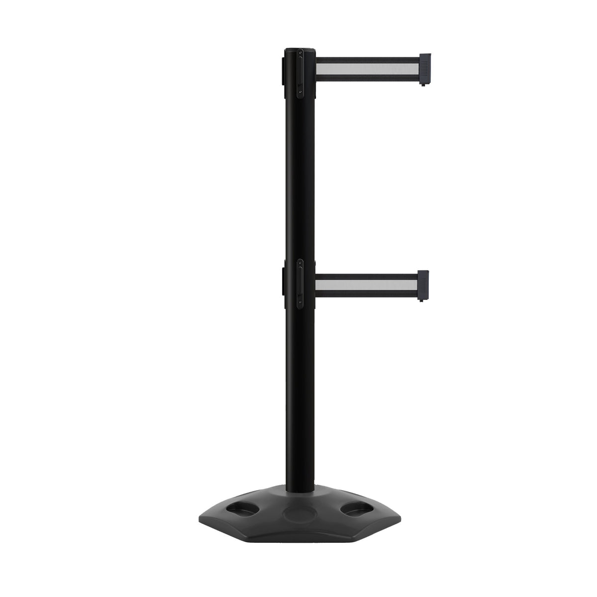 Retractable Dual Belt Barrier Stanchion, Heavy - Duty Rubber Base, 7.5 ft Belt - Montour Line MSR630D - Crowd Control Warehouse