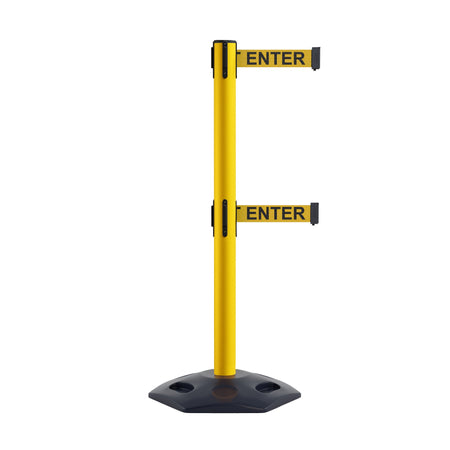Retractable Dual Belt Barrier Stanchion, Heavy - Duty Rubber Base, 7.5 ft Belt - Montour Line MSR630D - Crowd Control Warehouse