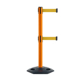 Retractable Dual Belt Barrier Stanchion, Heavy - Duty Rubber Base, 9 ft Belt - Montour Line MSR630D - Crowd Control Warehouse