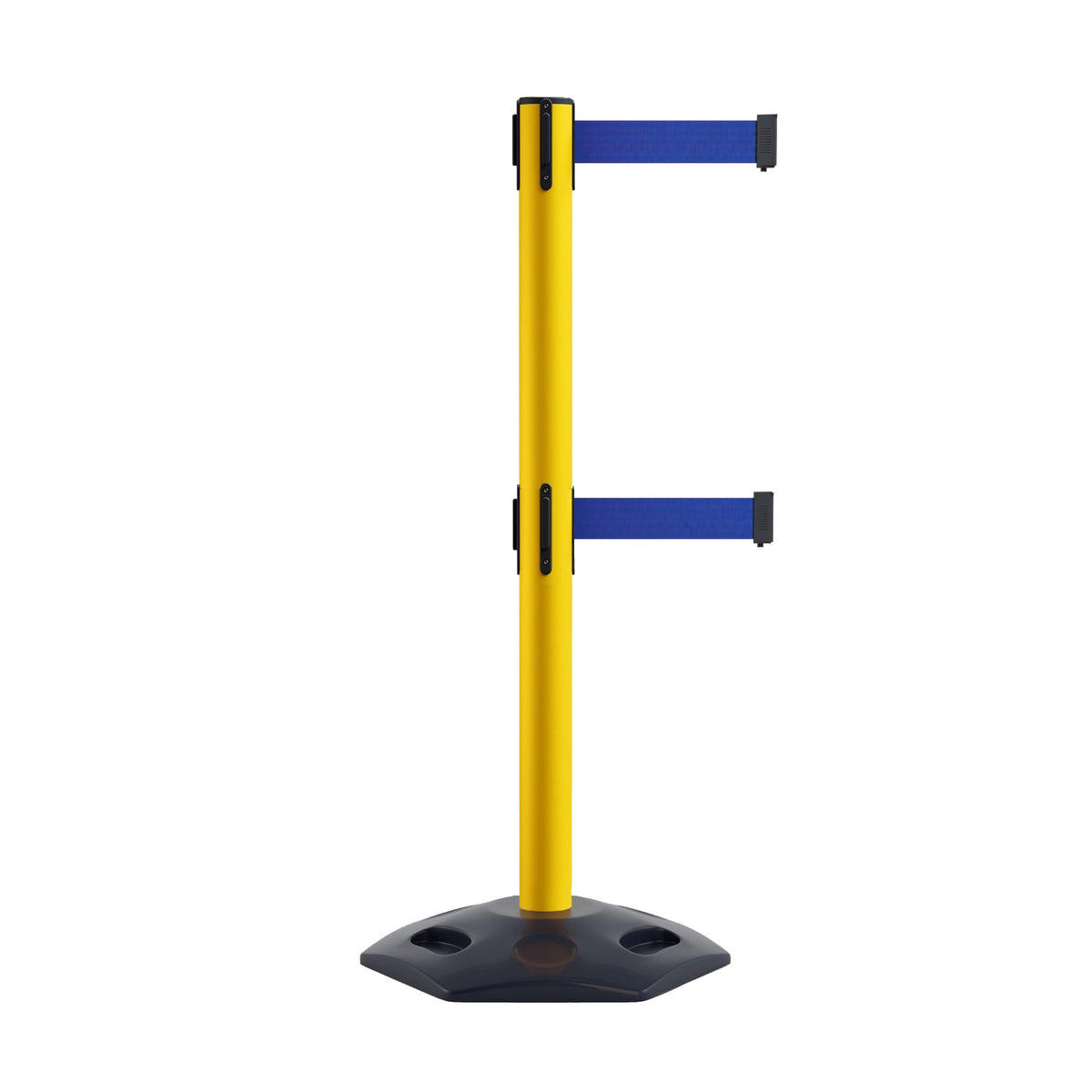 Retractable Dual Belt Barrier Stanchion, Heavy - Duty Rubber Base, 9 ft Belt - Montour Line MSR630D - Crowd Control Warehouse