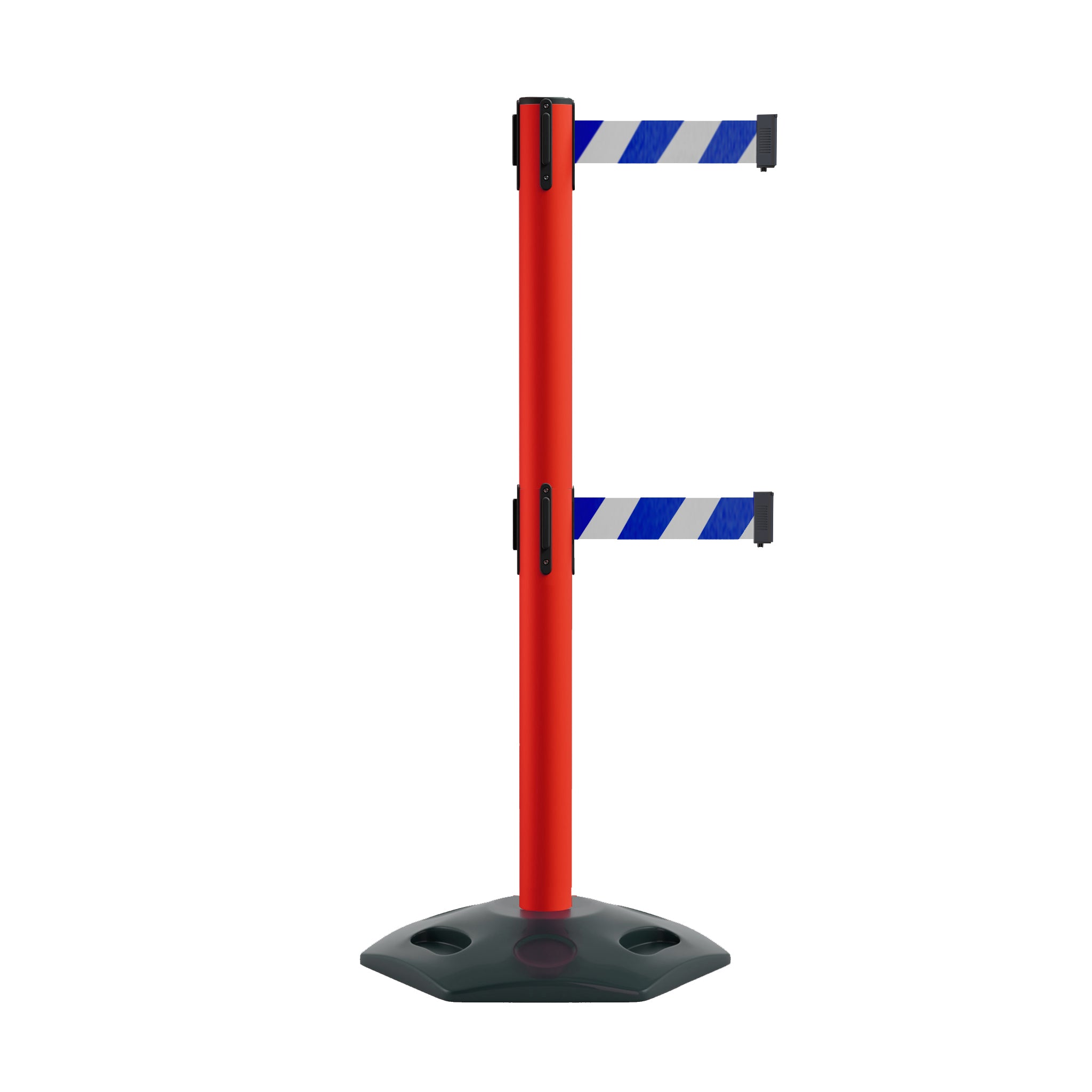 Retractable Dual Belt Barrier Stanchion, Heavy - Duty Rubber Base, 9 ft Belt - Montour Line MSR630D - Crowd Control Warehouse