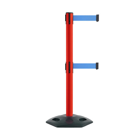 Retractable Dual Belt Barrier Stanchion, Heavy - Duty Rubber Base, 9 ft Belt - Montour Line MSR630D - Crowd Control Warehouse