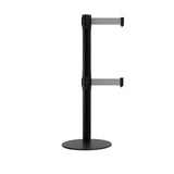 Retractable Dual Belt Barrier Stanchion, Low Profile Steel Base, Black Post, 11ft Belts - Montour Line MX630D - Crowd Control Warehouse