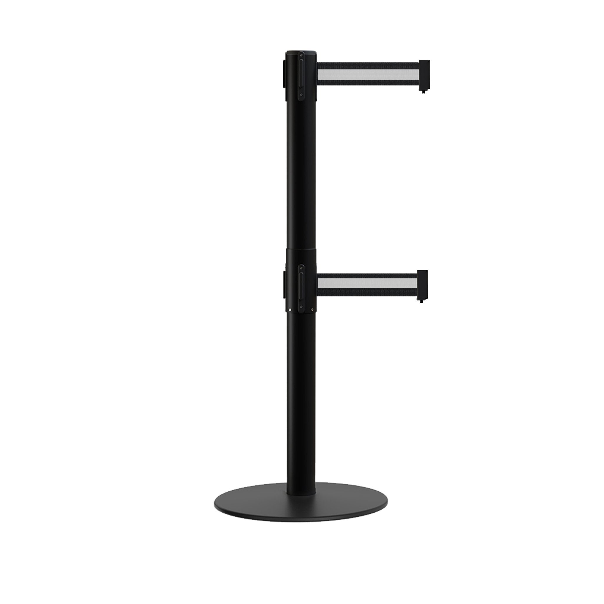 Retractable Dual Belt Barrier Stanchion, Low Profile Steel Base, Black Post, 11ft Belts - Montour Line MX630D - Crowd Control Warehouse