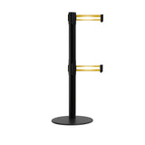 Retractable Dual Belt Barrier Stanchion, Low Profile Steel Base, Black Post, 11ft Belts - Montour Line MX630D - Crowd Control Warehouse