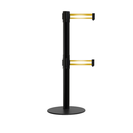 Retractable Dual Belt Barrier Stanchion, Low Profile Steel Base, Black Post, 11ft Belts - Montour Line MX630D - Crowd Control Warehouse