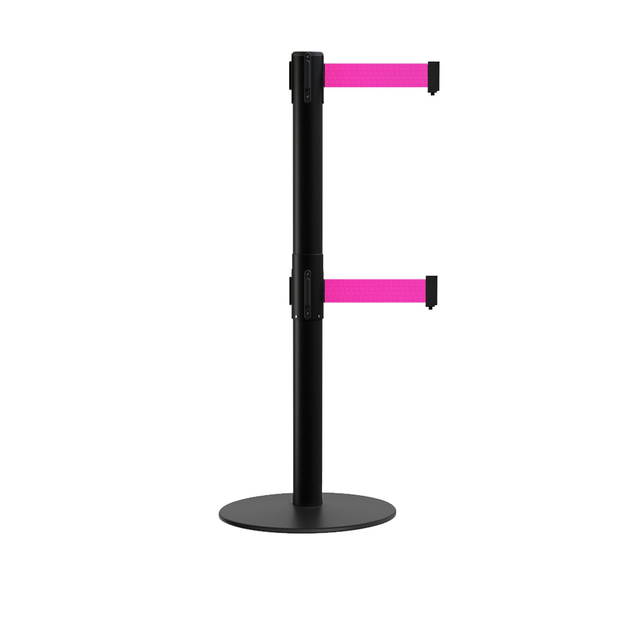 Retractable Dual Belt Barrier Stanchion, Low Profile Steel Base, Black Post, 11ft Belts - Montour Line MX630D - Crowd Control Warehouse