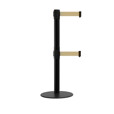 Retractable Dual Belt Barrier Stanchion, Low Profile Steel Base, Black Post, 11ft Belts - Montour Line MX630D - Crowd Control Warehouse