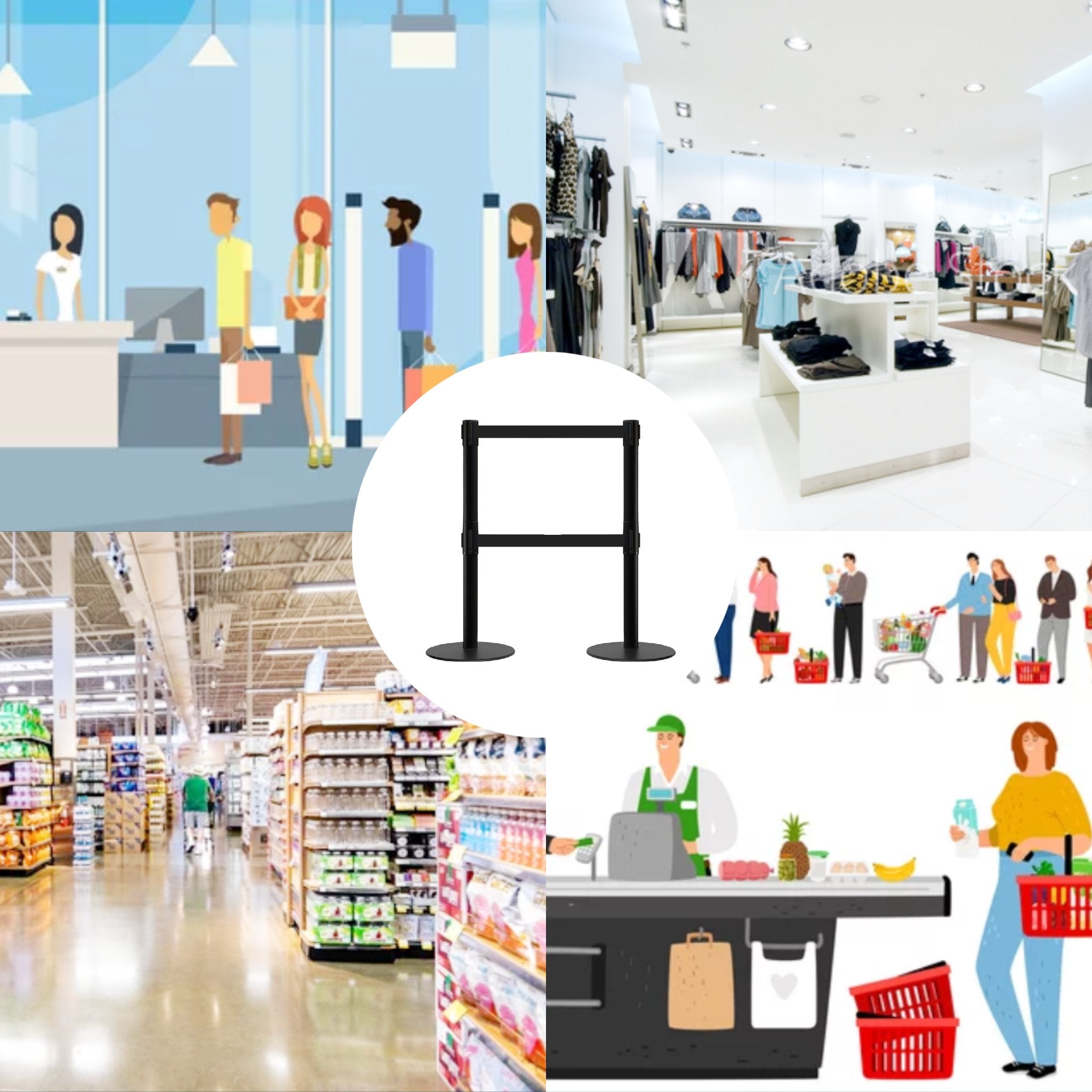 Retractable Dual Belt Barrier Stanchion, Low Profile Steel Base, Black Post, 11ft Belts - Montour Line MX630D - Crowd Control Warehouse