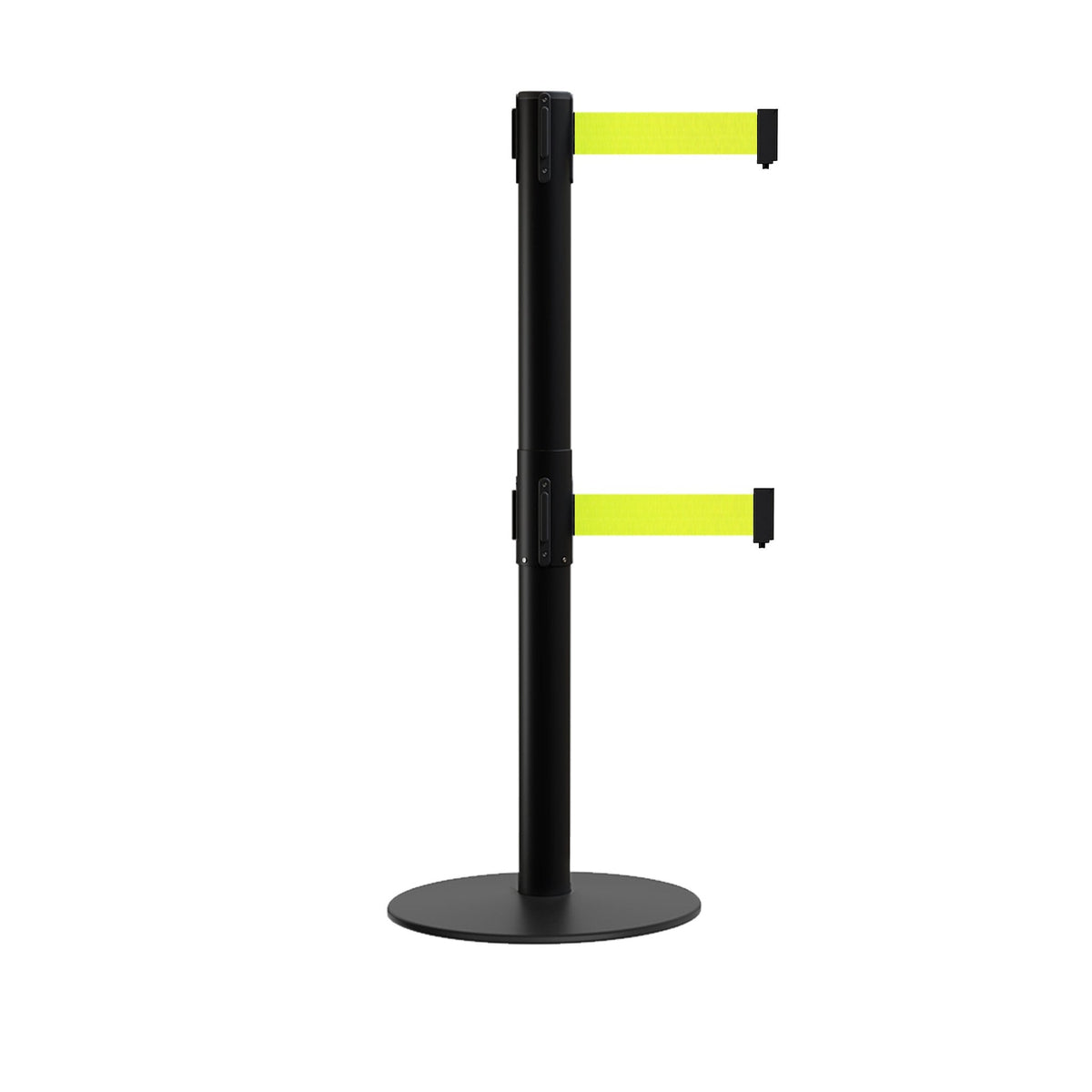 Retractable Dual Belt Barrier Stanchion, Low Profile Steel Base, Black Post, 11ft Belts - Montour Line MX630D - Crowd Control Warehouse