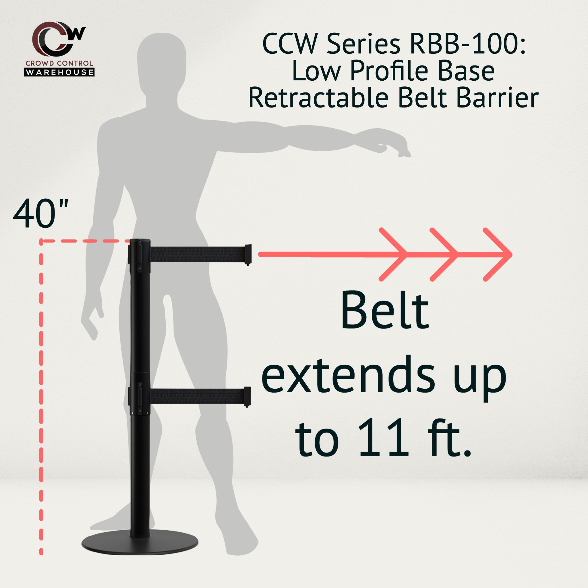 Retractable Dual Belt Barrier Stanchion, Low Profile Steel Base, Black Post, 11ft Belts - Montour Line MX630D - Crowd Control Warehouse