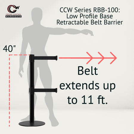 Retractable Dual Belt Barrier Stanchion, Low Profile Steel Base, Black Post, 11ft Belts - Montour Line MX630D - Crowd Control Warehouse