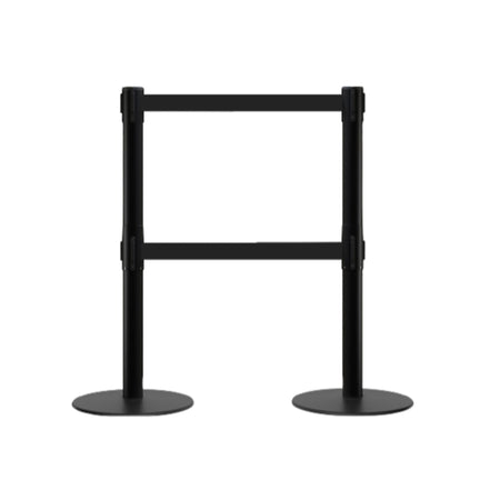 Retractable Dual Belt Barrier Stanchion, Low Profile Steel Base, Black Post, 11ft Belts - Montour Line MX630D - Crowd Control Warehouse