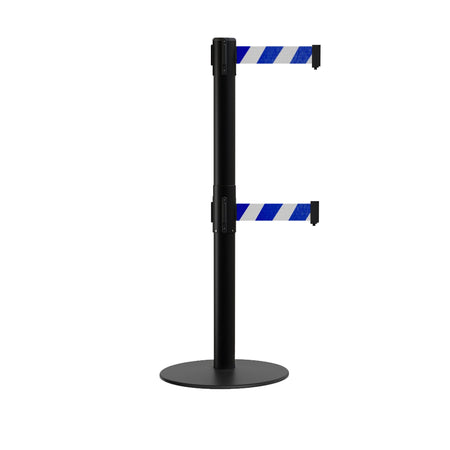 Retractable Dual Belt Barrier Stanchion, Low Profile Steel Base, Black Post, 11ft Belts - Montour Line MX630D - Crowd Control Warehouse