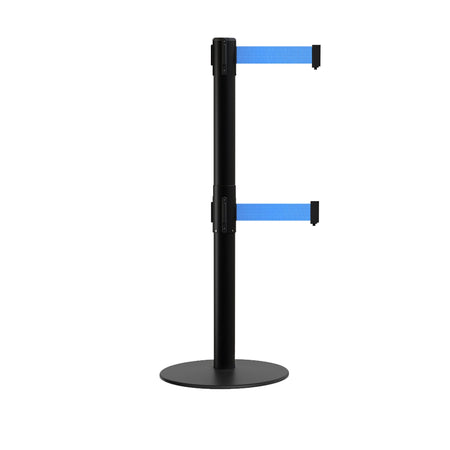 Retractable Dual Belt Barrier Stanchion, Low Profile Steel Base, Black Post, 11ft Belts - Montour Line MX630D - Crowd Control Warehouse