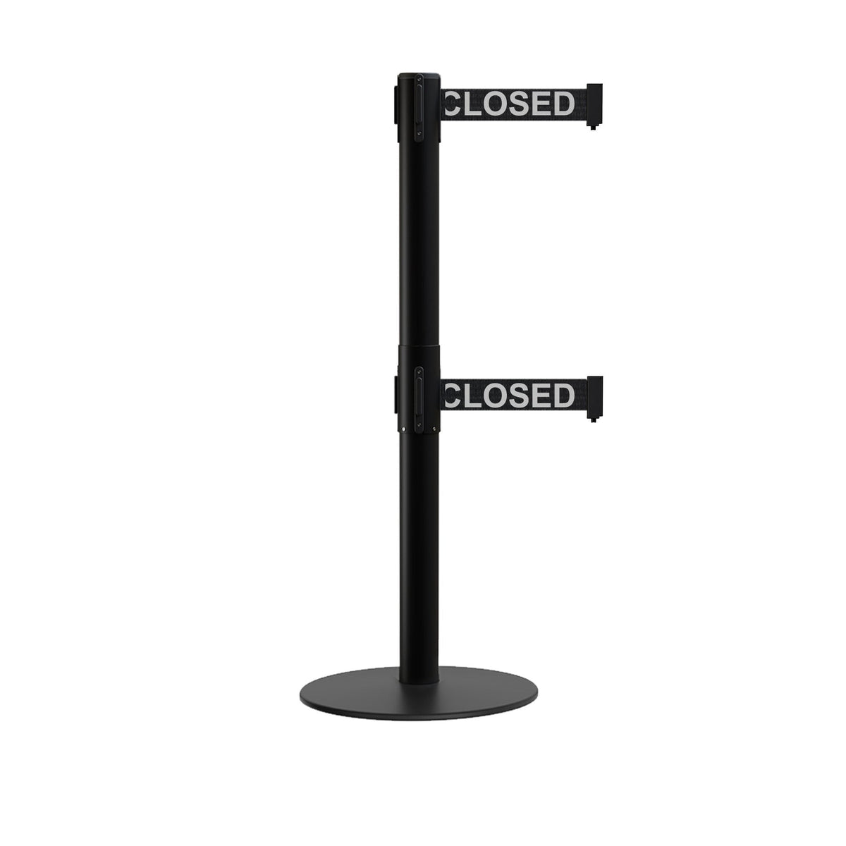 Retractable Dual Belt Barrier Stanchion, Low Profile Steel Base, Black Post, 11ft Belts - Montour Line MX630D - Crowd Control Warehouse