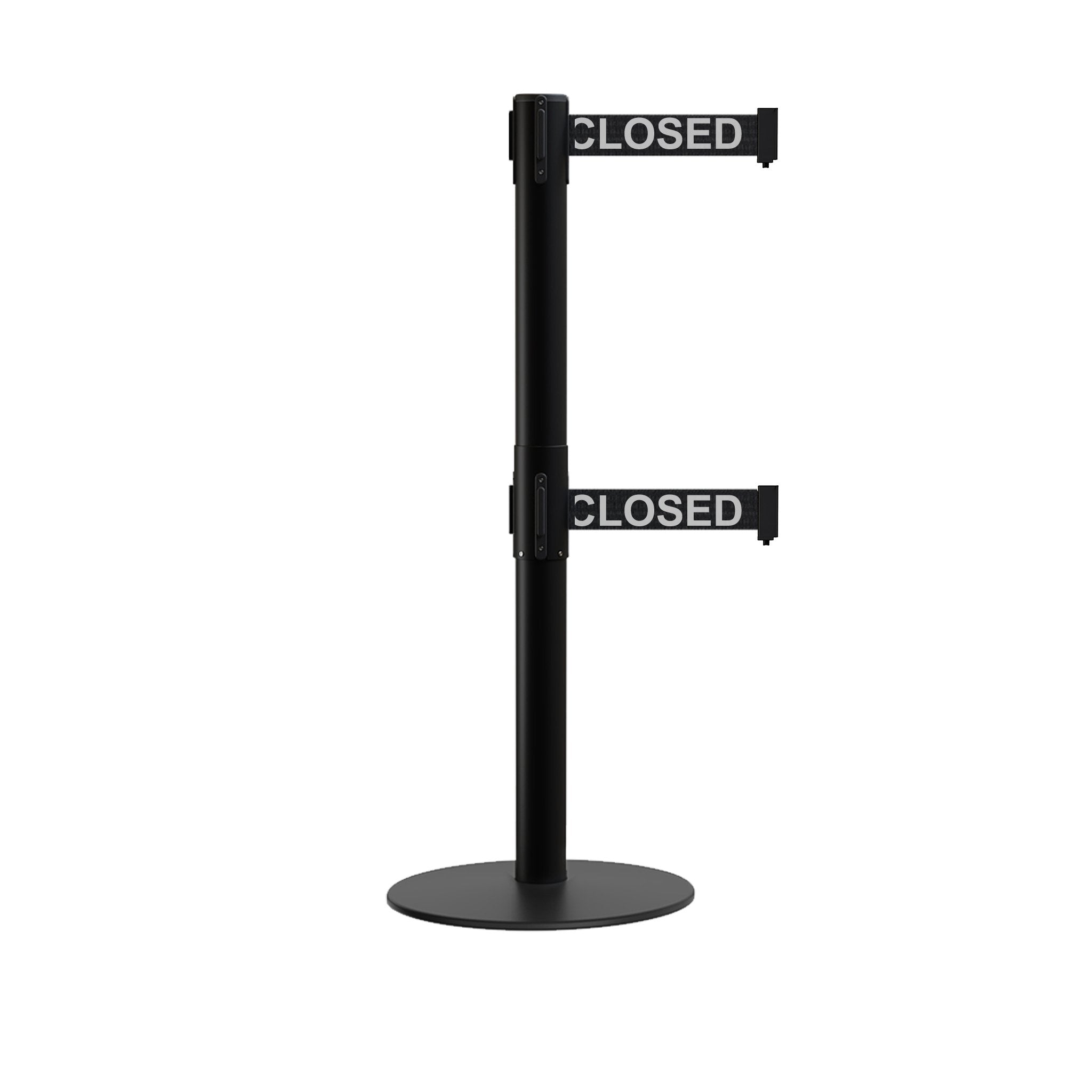 Retractable Dual Belt Barrier Stanchion, Low Profile Steel Base, Black Post, 11ft Belts - Montour Line MX630D - Crowd Control Warehouse
