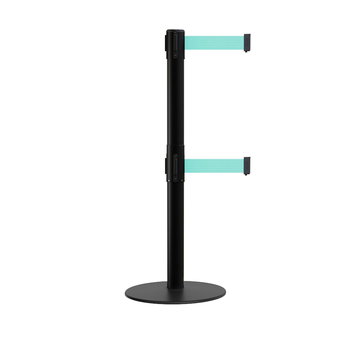 Retractable Dual Belt Barrier Stanchion, Low Profile Steel Base, Black Post, 11ft Belts - Montour Line MX630D - Crowd Control Warehouse