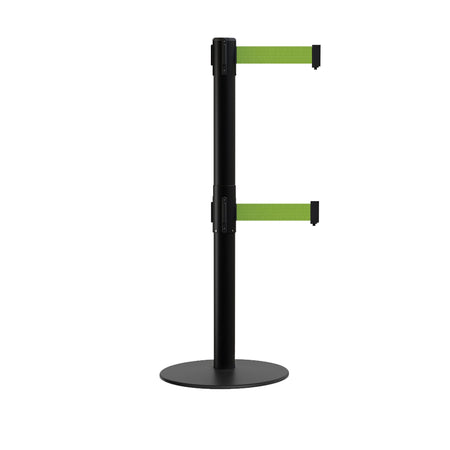 Retractable Dual Belt Barrier Stanchion, Low Profile Steel Base, Black Post, 11ft Belts - Montour Line MX630D - Crowd Control Warehouse