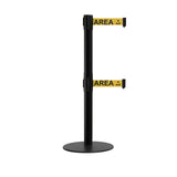 Retractable Dual Belt Barrier Stanchion, Low Profile Steel Base, Black Post, 11ft Belts - Montour Line MX630D - Crowd Control Warehouse