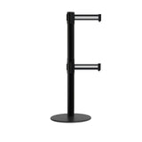 Retractable Dual Belt Barrier Stanchion, Low Profile Steel Base, Black Post, 7.5ft Belts - Montour Line MX630D - Crowd Control Warehouse