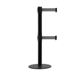 Retractable Dual Belt Barrier Stanchion, Low Profile Steel Base, Black Post, 7.5ft Belts - Montour Line MX630D - Crowd Control Warehouse