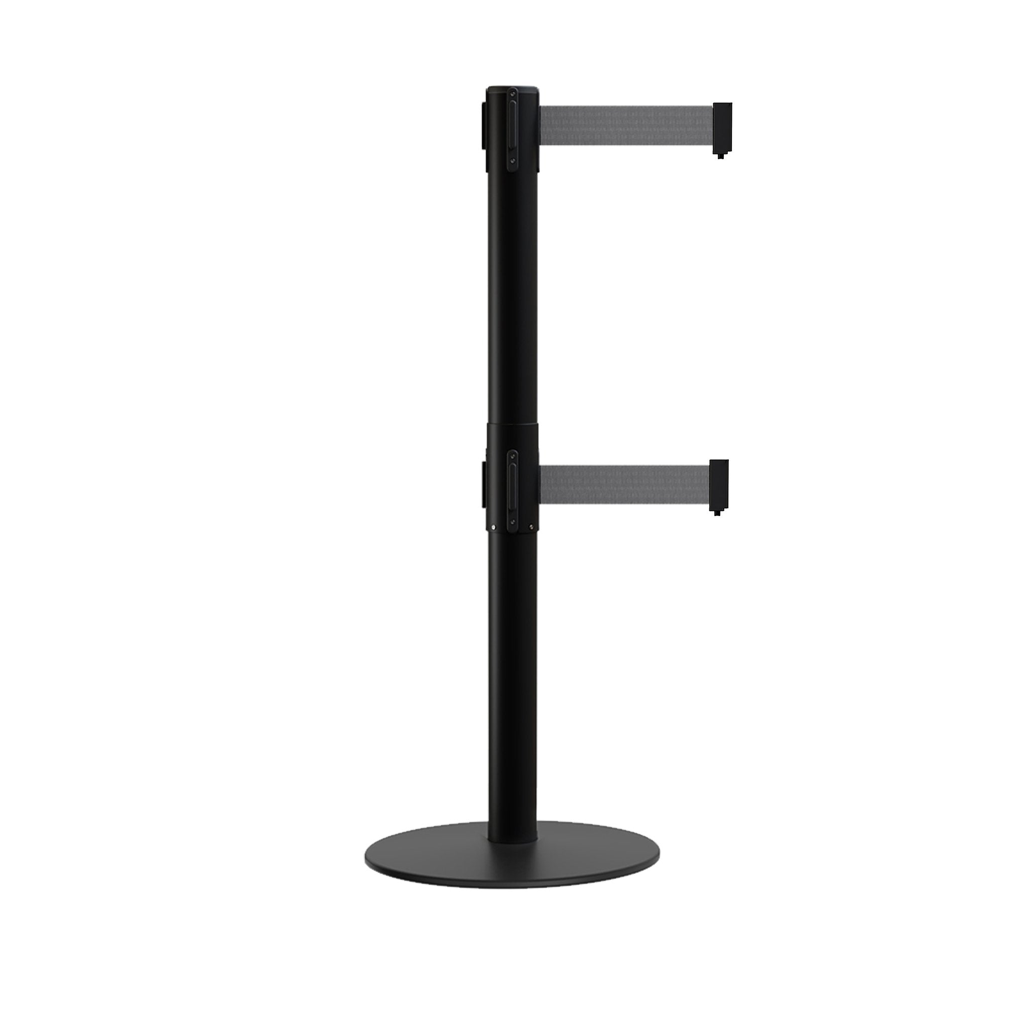 Retractable Dual Belt Barrier Stanchion, Low Profile Steel Base, Black Post, 7.5ft Belts - Montour Line MX630D - Crowd Control Warehouse