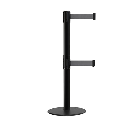Retractable Dual Belt Barrier Stanchion, Low Profile Steel Base, Black Post, 7.5ft Belts - Montour Line MX630D - Crowd Control Warehouse