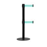 Retractable Dual Belt Barrier Stanchion, Low Profile Steel Base, Black Post, 7.5ft Belts - Montour Line MX630D - Crowd Control Warehouse
