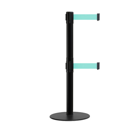 Retractable Dual Belt Barrier Stanchion, Low Profile Steel Base, Black Post, 7.5ft Belts - Montour Line MX630D - Crowd Control Warehouse