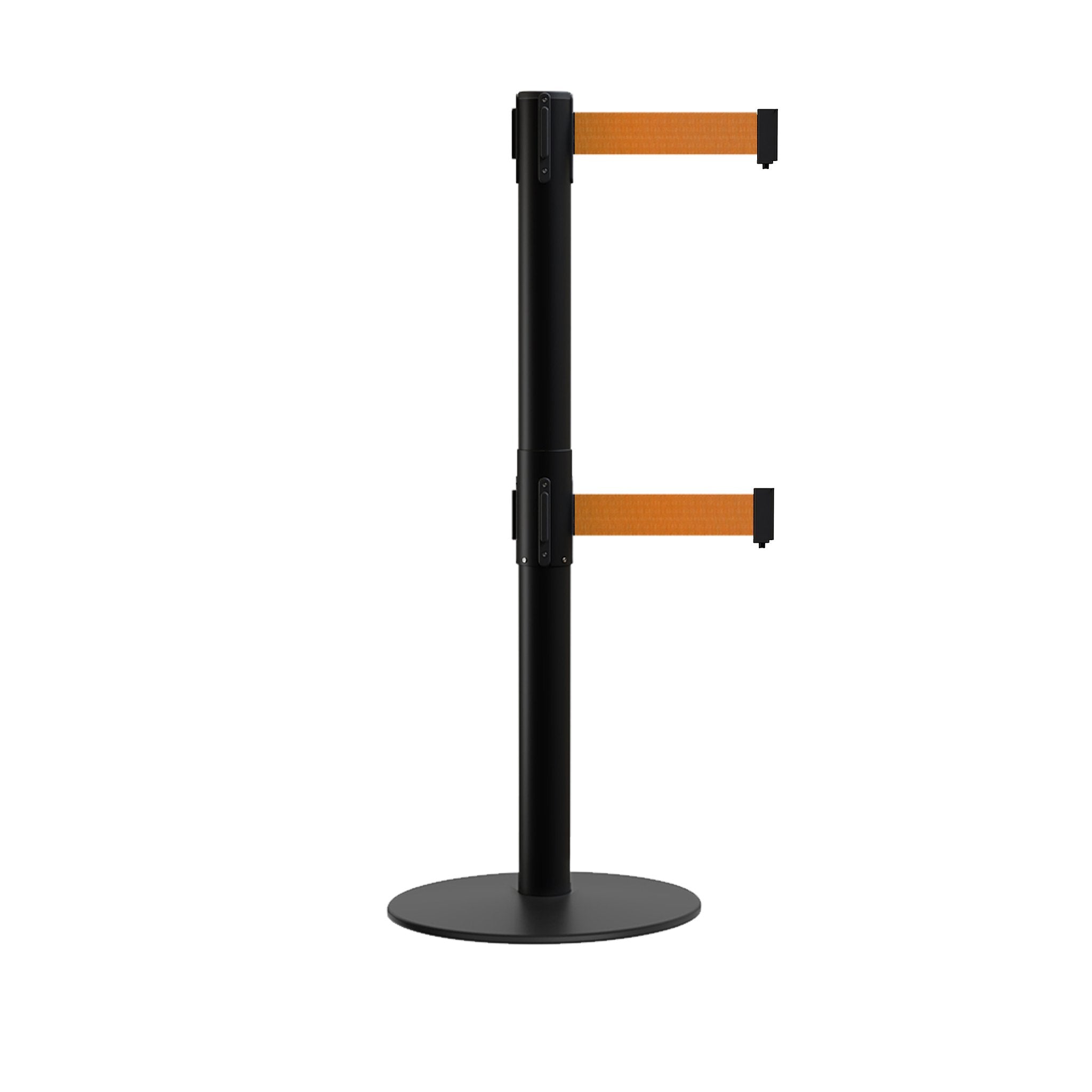 Retractable Dual Belt Barrier Stanchion, Low Profile Steel Base, Black Post, 7.5ft Belts - Montour Line MX630D - Crowd Control Warehouse