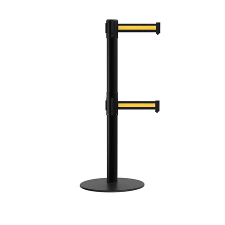 Retractable Dual Belt Barrier Stanchion, Low Profile Steel Base, Black Post, 7.5ft Belts - Montour Line MX630D - Crowd Control Warehouse