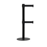 Retractable Dual Belt Barrier Stanchion, Low Profile Steel Base, Black Post, 7.5ft Belts - Montour Line MX630D - Crowd Control Warehouse