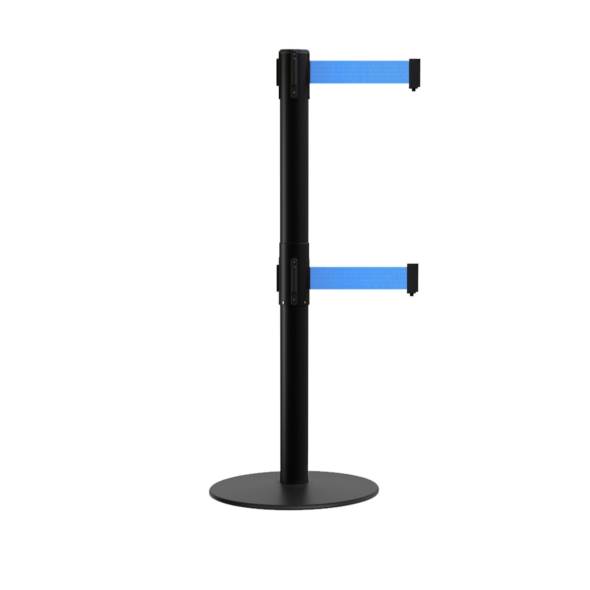 Retractable Dual Belt Barrier Stanchion, Low Profile Steel Base, Black Post, 7.5ft Belts - Montour Line MX630D - Crowd Control Warehouse