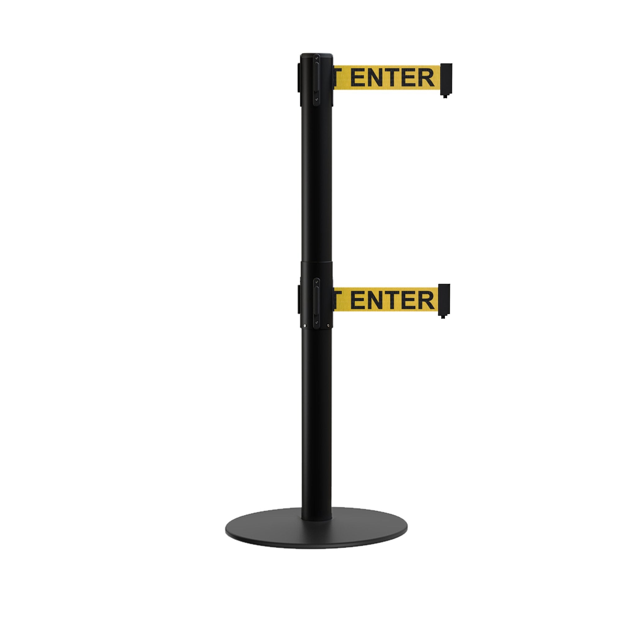 Retractable Dual Belt Barrier Stanchion, Low Profile Steel Base, Black Post, 7.5ft Belts - Montour Line MX630D - Crowd Control Warehouse