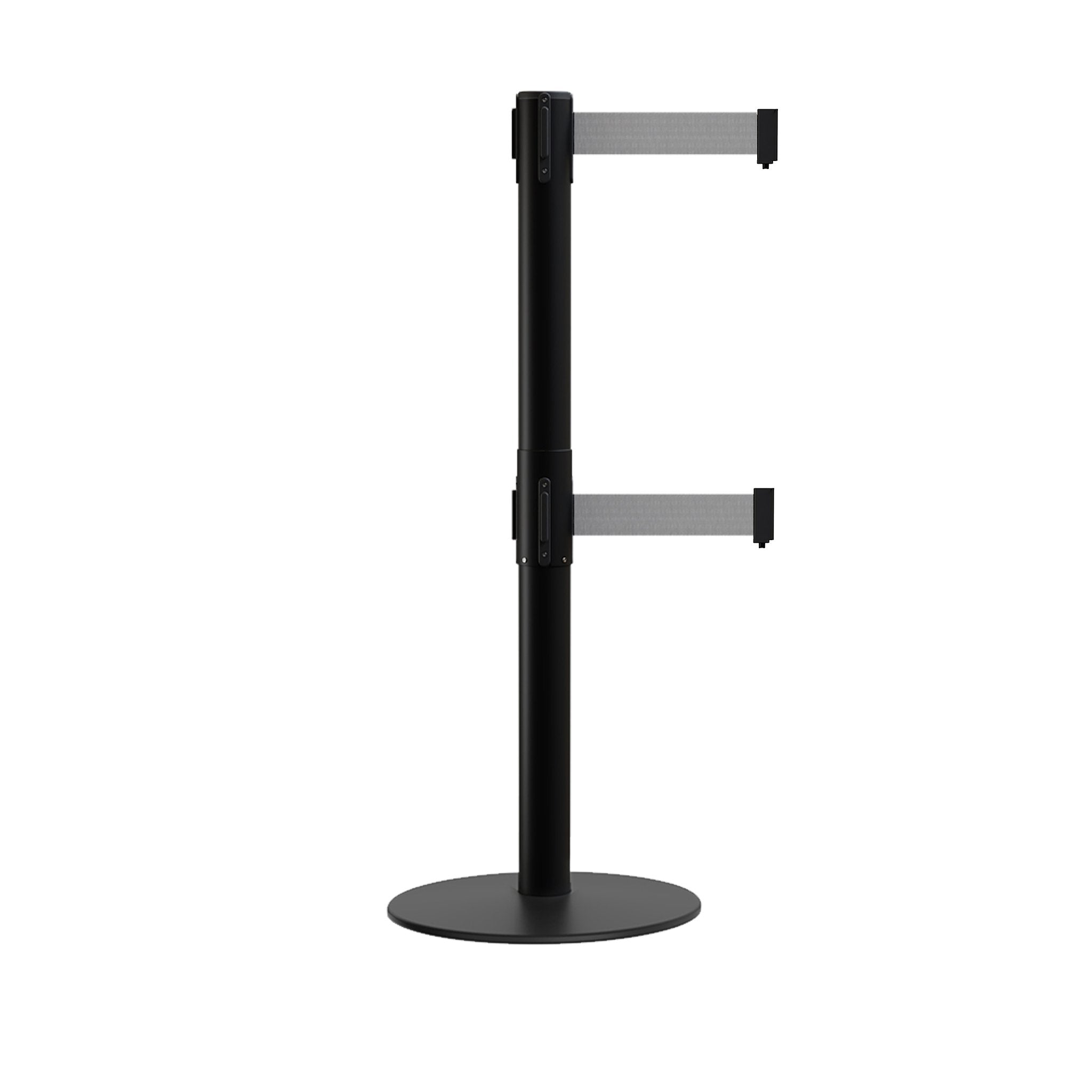 Retractable Dual Belt Barrier Stanchion, Low Profile Steel Base, Black Post, 7.5ft Belts - Montour Line MX630D - Crowd Control Warehouse