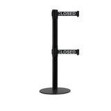 Retractable Dual Belt Barrier Stanchion, Low Profile Steel Base, Black Post, 7.5ft Belts - Montour Line MX630D - Crowd Control Warehouse