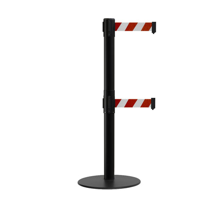 Retractable Dual Belt Barrier Stanchion, Low Profile Steel Base, Black Post, 7.5ft Belts - Montour Line MX630D - Crowd Control Warehouse