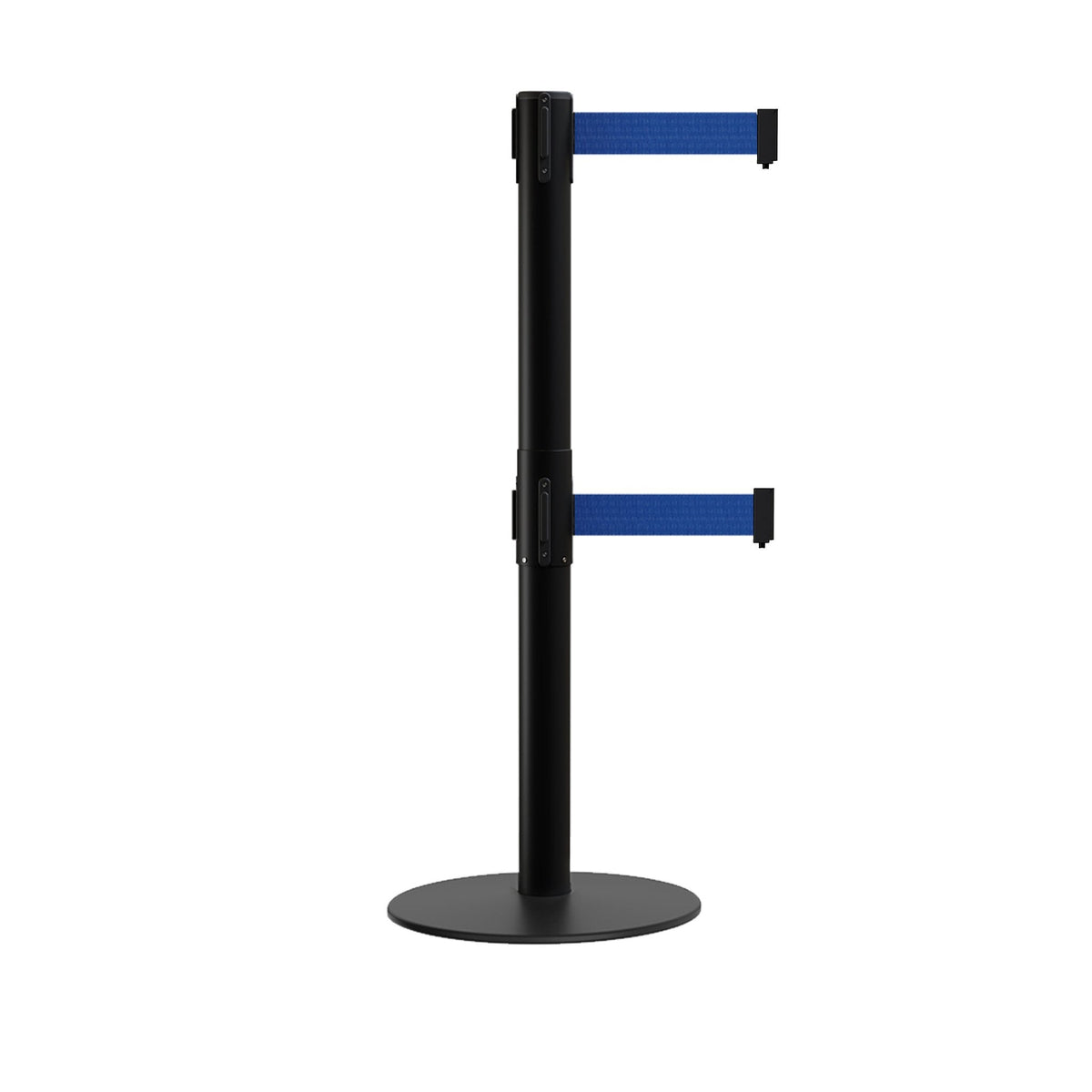 Retractable Dual Belt Barrier Stanchion, Low Profile Steel Base, Black Post, 7.5ft Belts - Montour Line MX630D - Crowd Control Warehouse