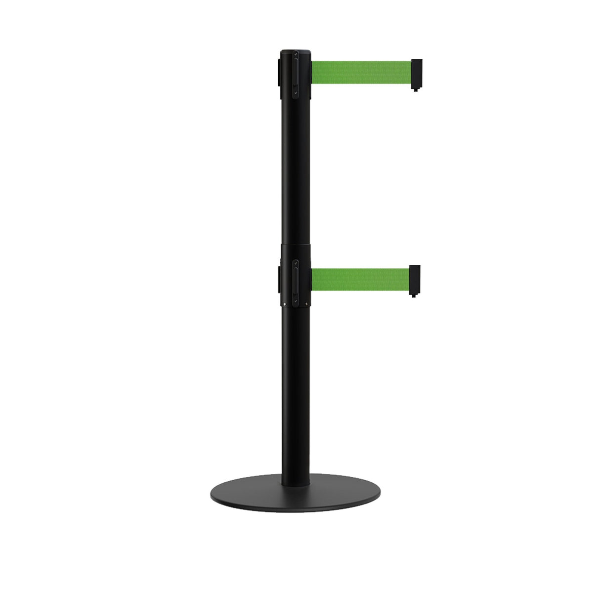 Retractable Dual Belt Barrier Stanchion, Low Profile Steel Base, Black Post, 7.5ft Belts - Montour Line MX630D - Crowd Control Warehouse