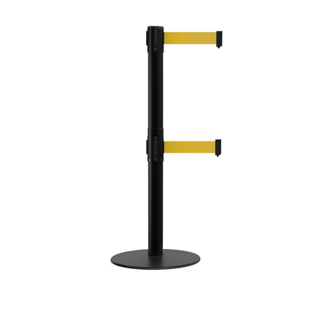 Retractable Dual Belt Barrier Stanchion, Low Profile Steel Base, Black Post, 7.5ft Belts - Montour Line MX630D - Crowd Control Warehouse
