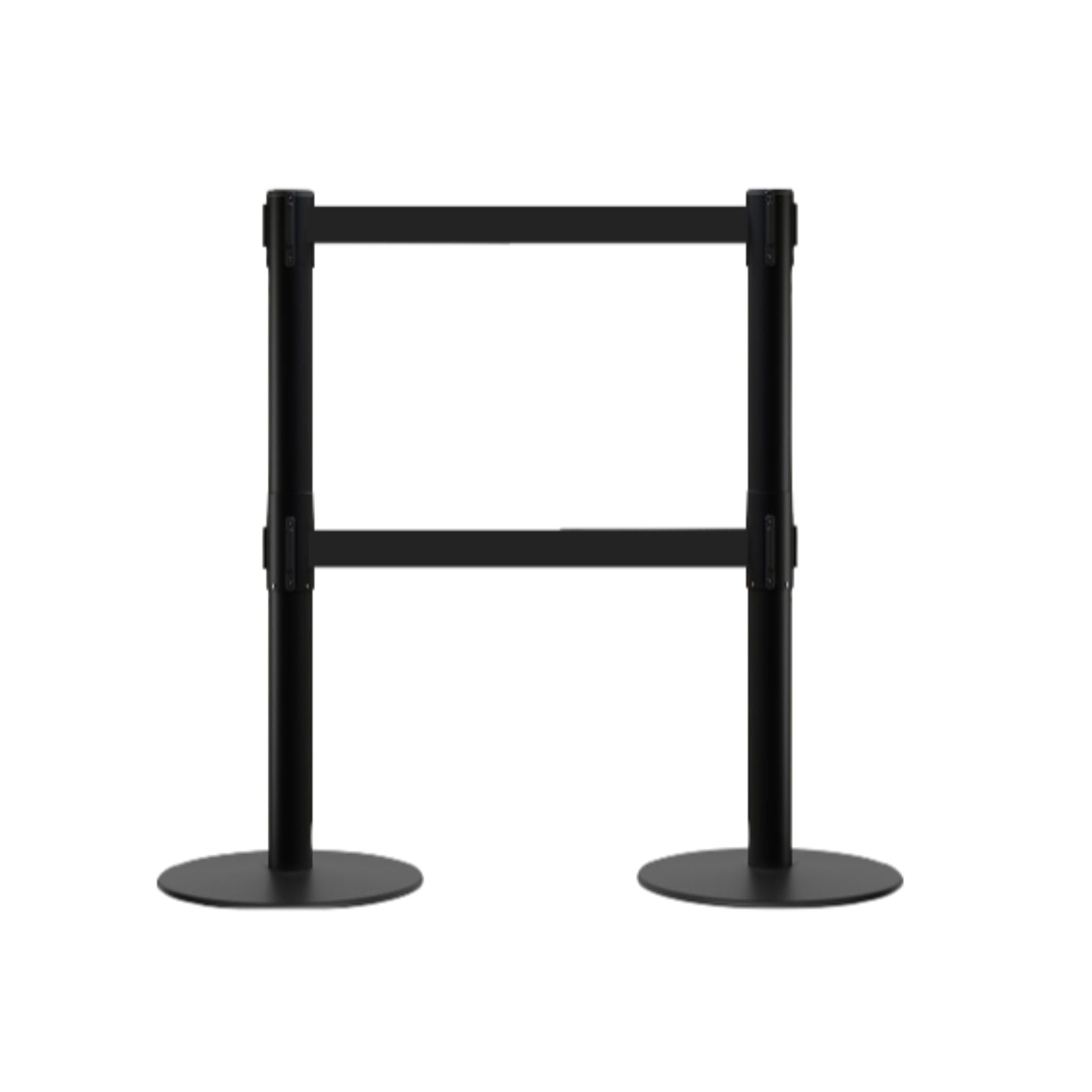 Retractable Dual Belt Barrier Stanchion, Low Profile Steel Base, Black Post, 7.5ft Belts - Montour Line MX630D - Crowd Control Warehouse