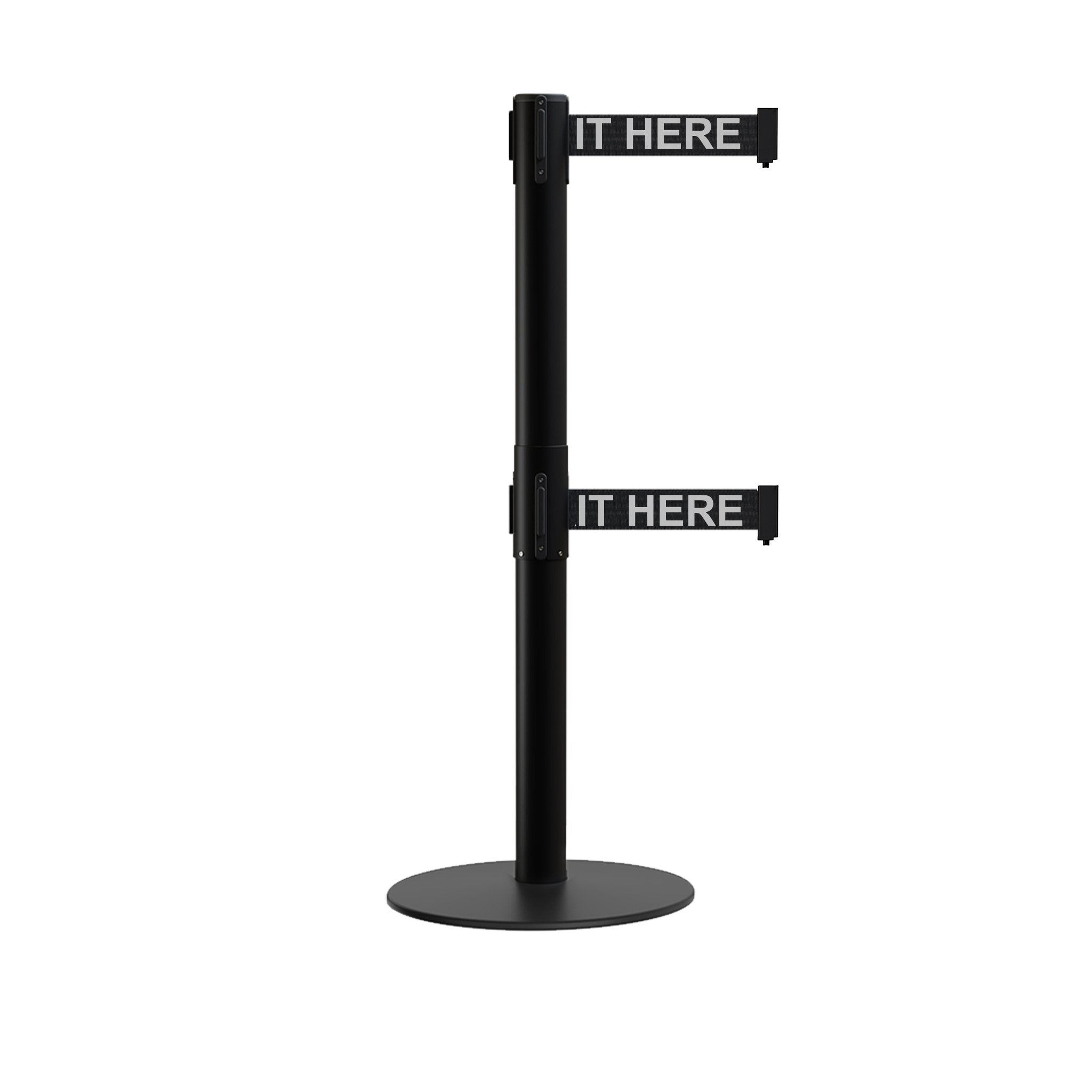 Retractable Dual Belt Barrier Stanchion, Low Profile Steel Base, Black Post, 7.5ft Belts - Montour Line MX630D - Crowd Control Warehouse