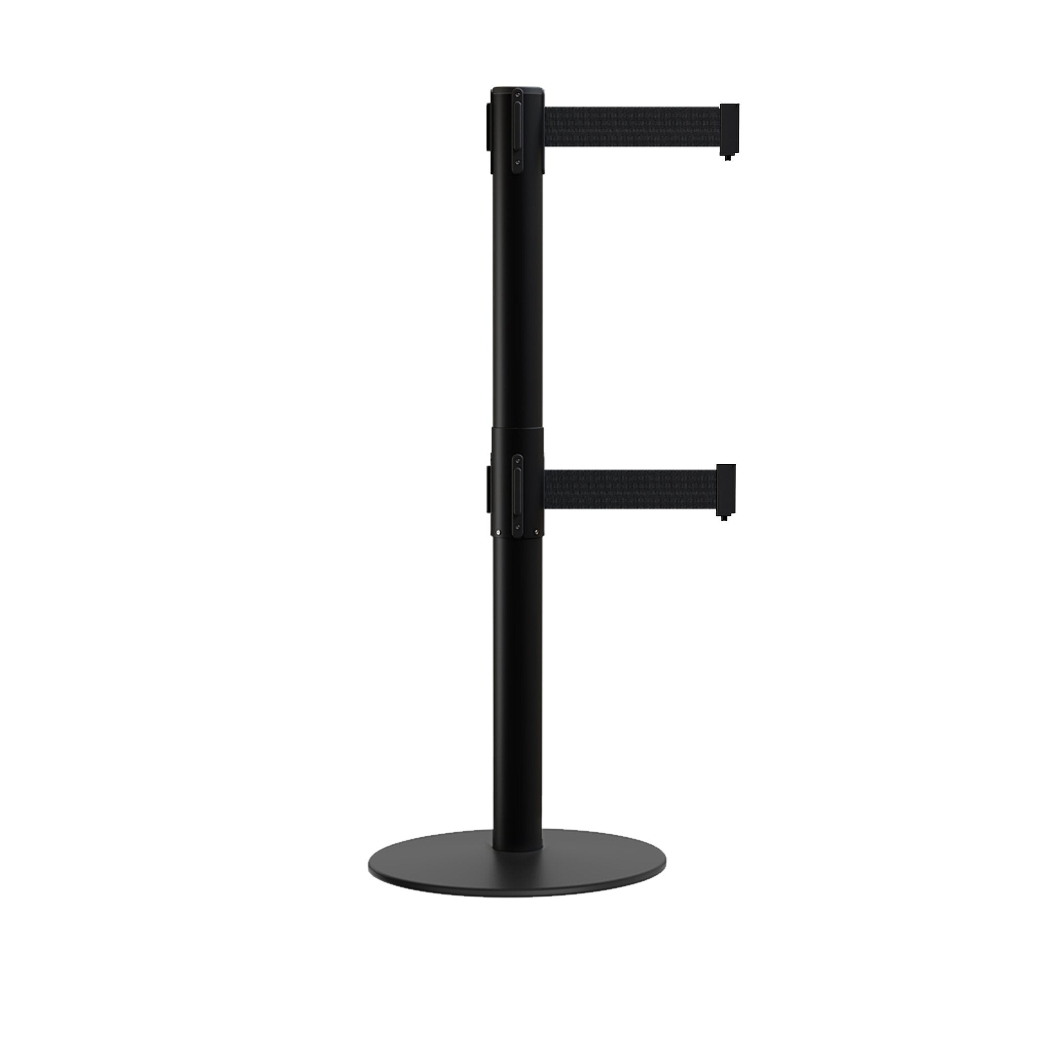 Retractable Dual Belt Barrier Stanchion, Low Profile Steel Base, Black Post, 9 ft Belts - Montour Line MX630D - Crowd Control Warehouse