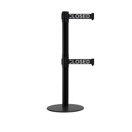 Retractable Dual Belt Barrier Stanchion, Low Profile Steel Base, Black Post, 9 ft Belts - Montour Line MX630D - Crowd Control Warehouse