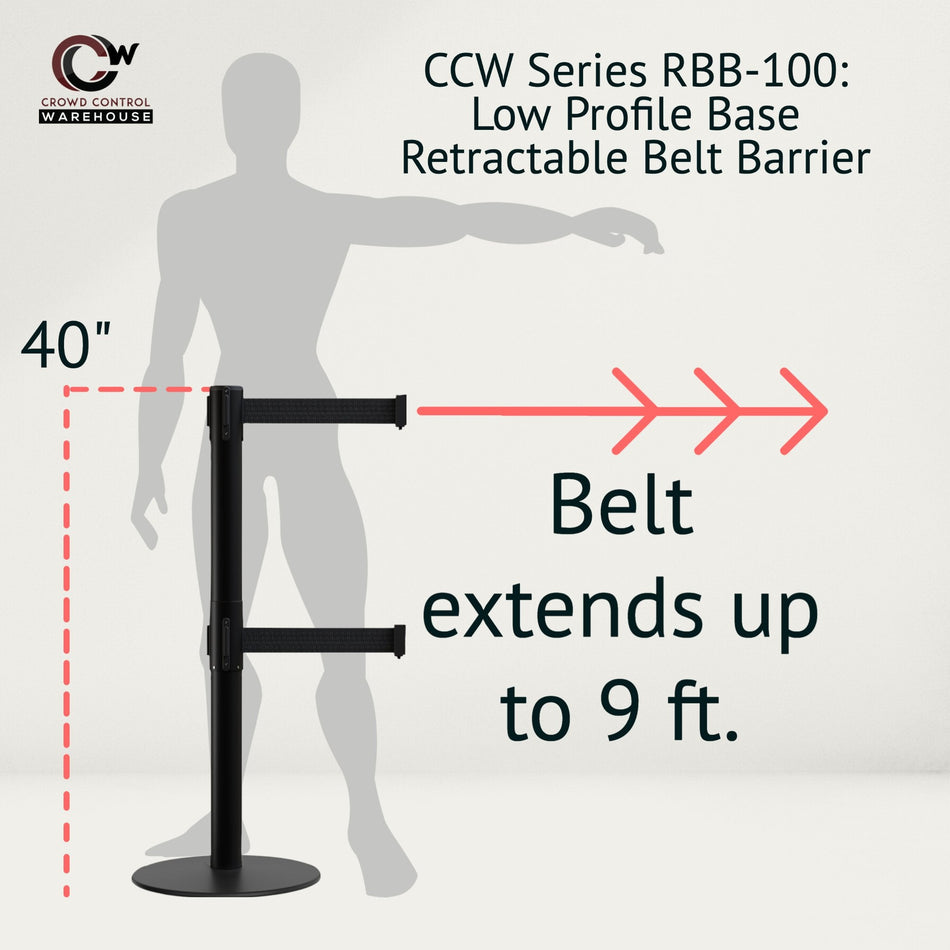Retractable Dual Belt Barrier Stanchion, Low Profile Steel Base, Black Post, 9 ft Belts - Montour Line MX630D - Crowd Control Warehouse