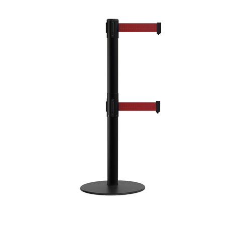 Retractable Dual Belt Barrier Stanchion, Low Profile Steel Base, Black Post, 9 ft Belts - Montour Line MX630D - Crowd Control Warehouse