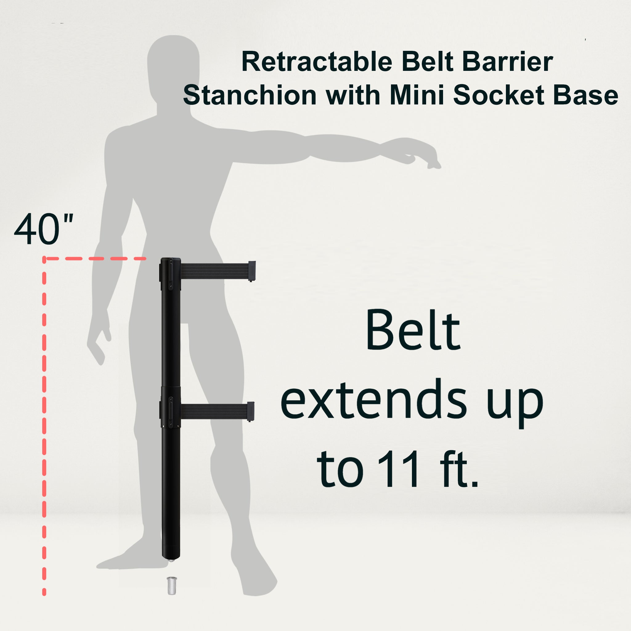 Retractable Dual Belt Barrier Stanchion, Mini Socket Base, Black Post, 11 ft Belt - Montour Line MX630DSK - Crowd Control Warehouse