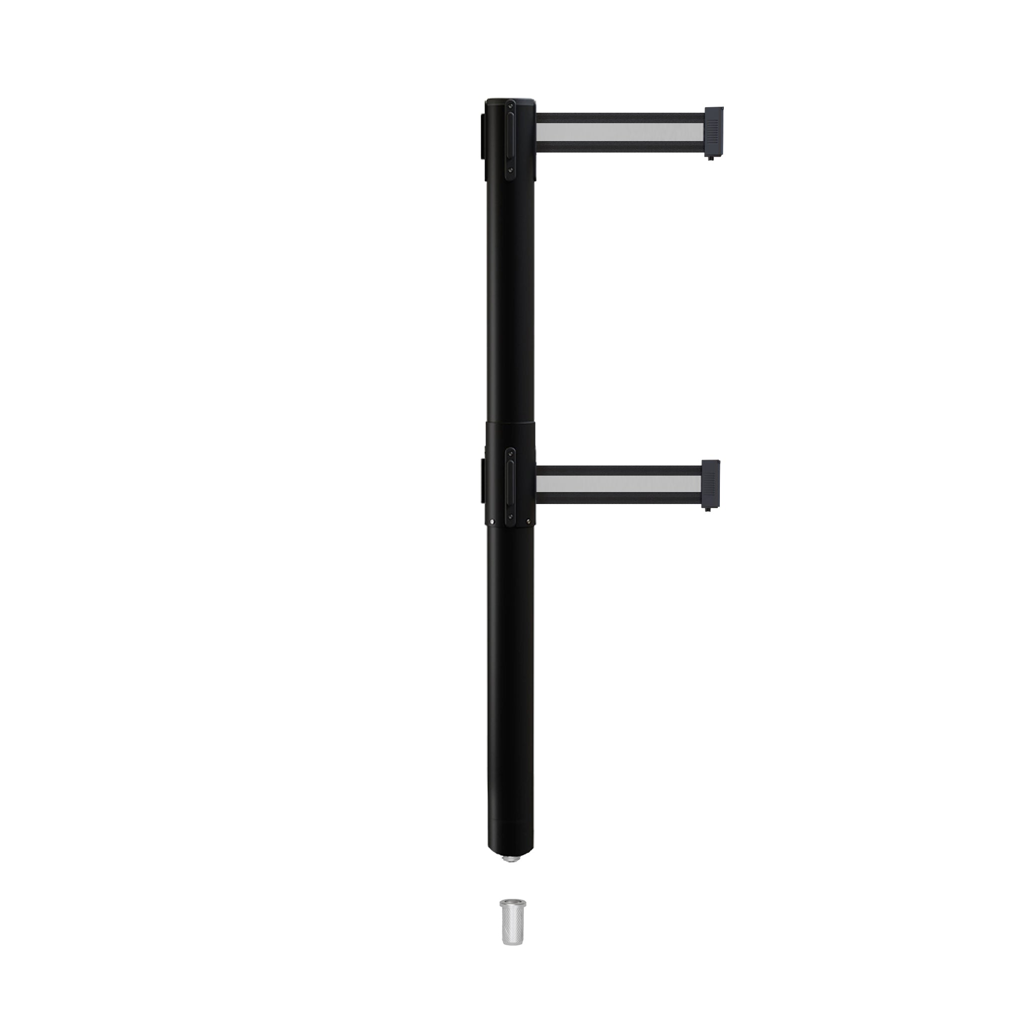 Retractable Dual Belt Barrier Stanchion, Mini Socket Base, Black Post, 11 ft Belt - Montour Line MX630DSK - Crowd Control Warehouse