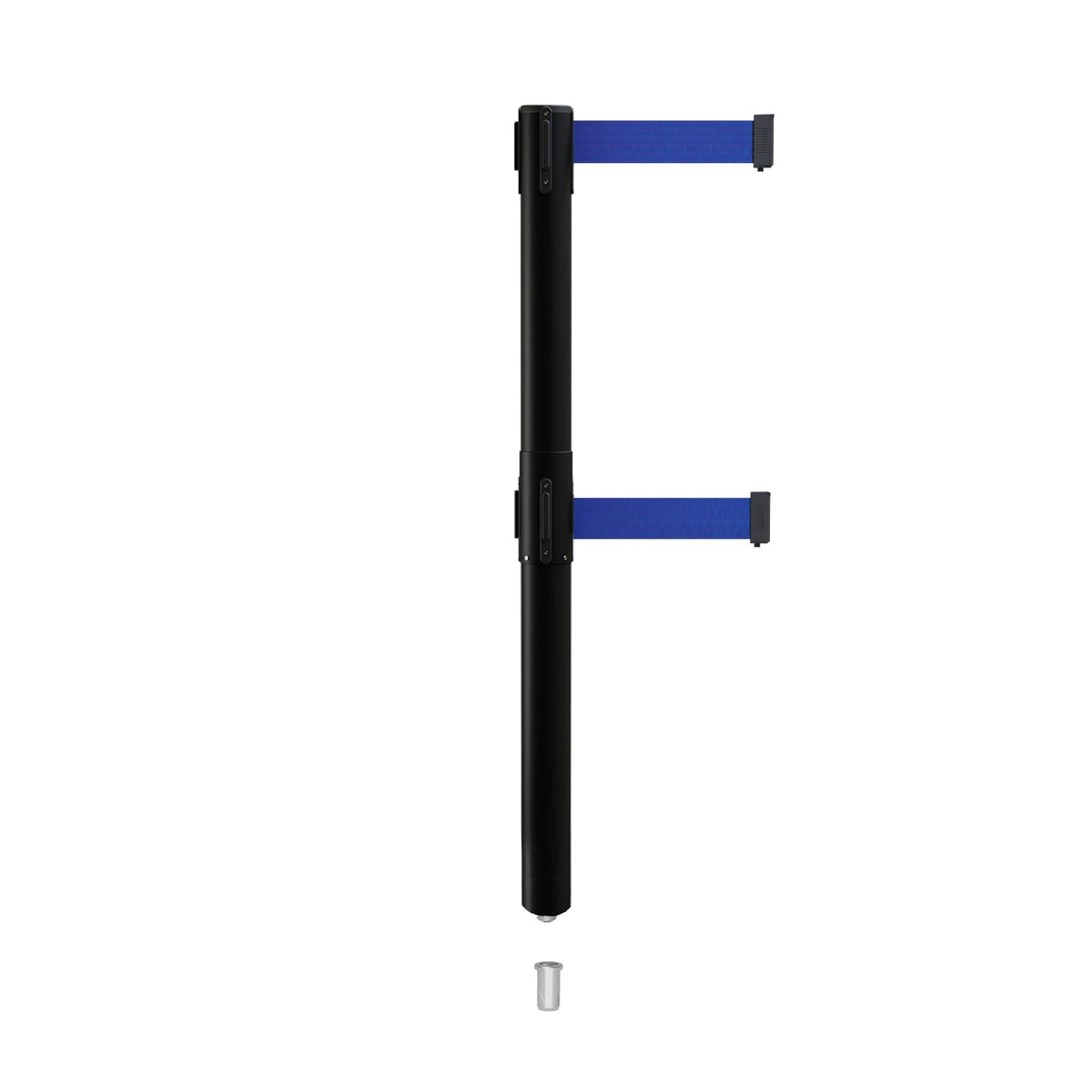 Retractable Dual Belt Barrier Stanchion, Mini Socket Base, Black Post, 11 ft Belt - Montour Line MX630DSK - Crowd Control Warehouse